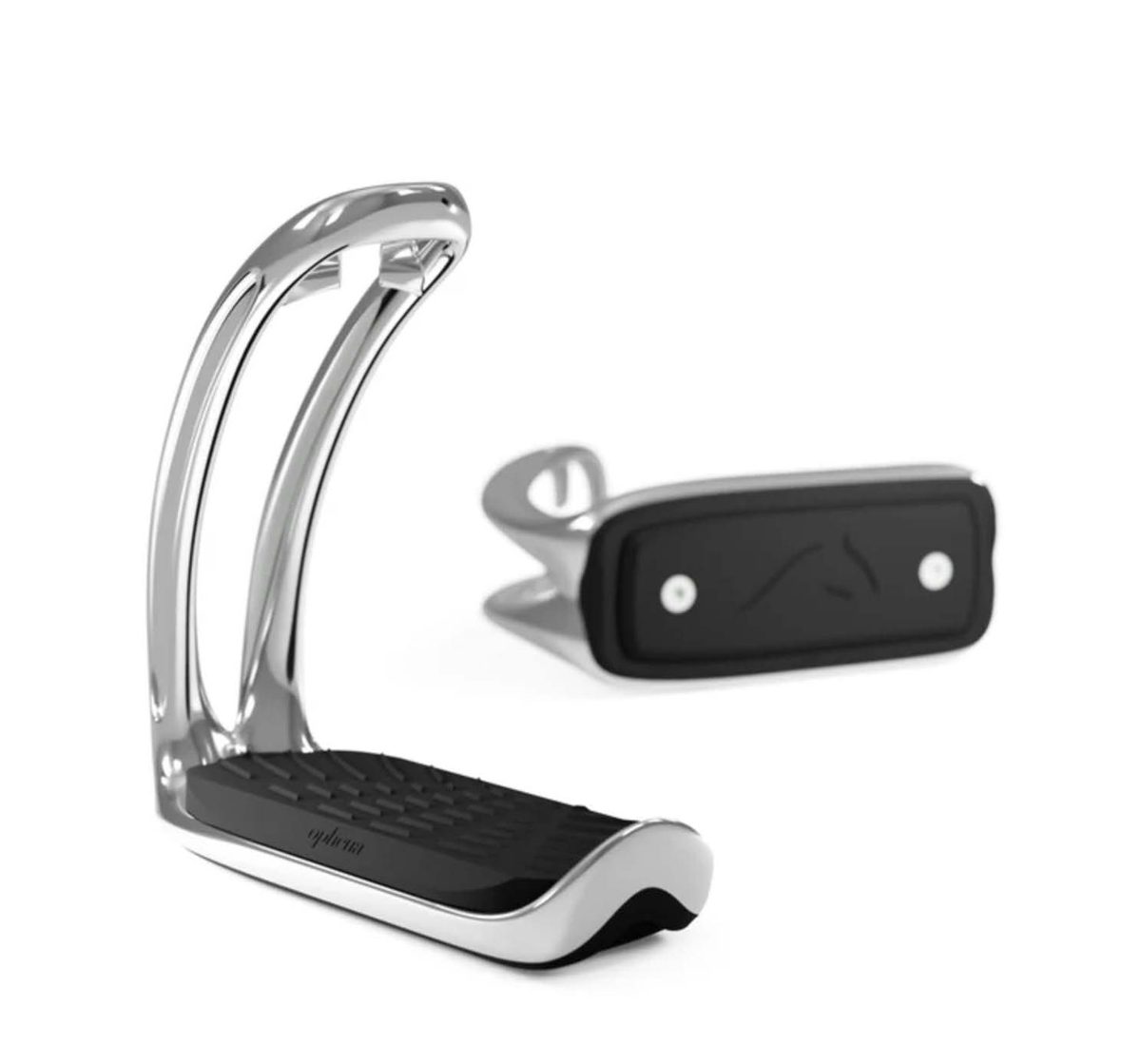 Ophena S magnetic safety stirrup in silver with black tread